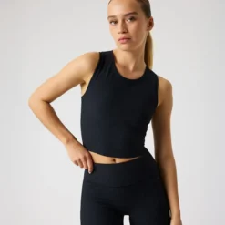 Studio Ribbed Cropped Tank Top, Black Beauty