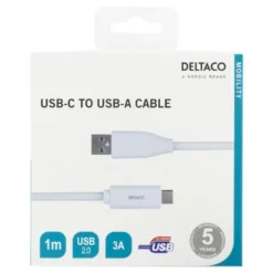 USB-A till USB-C Kabel, 1m 3A USB 2.0, Vit