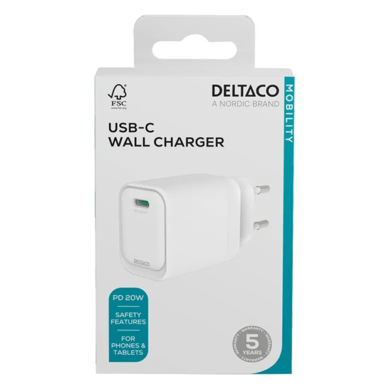 USB-C-Väggladdare 1x USB-C PD 20W, Vit