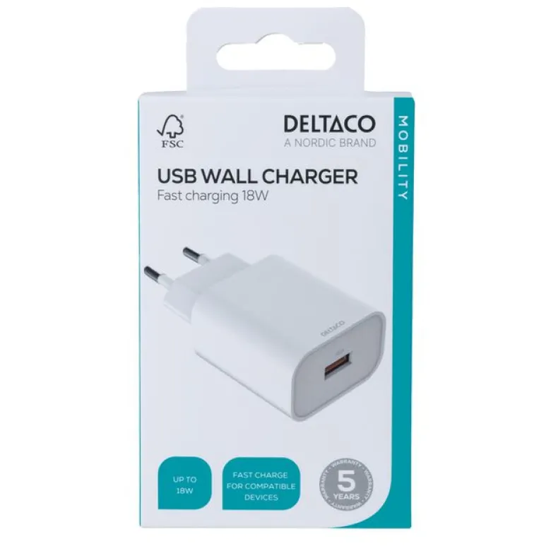 USB-Väggladdare 1x USB-A Snabbladdning 18W, Vit